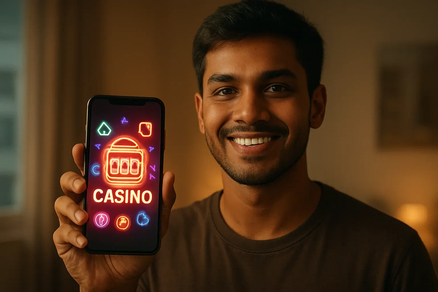 Young Bangladeshi man holding smartphone showing colorful casino app interface