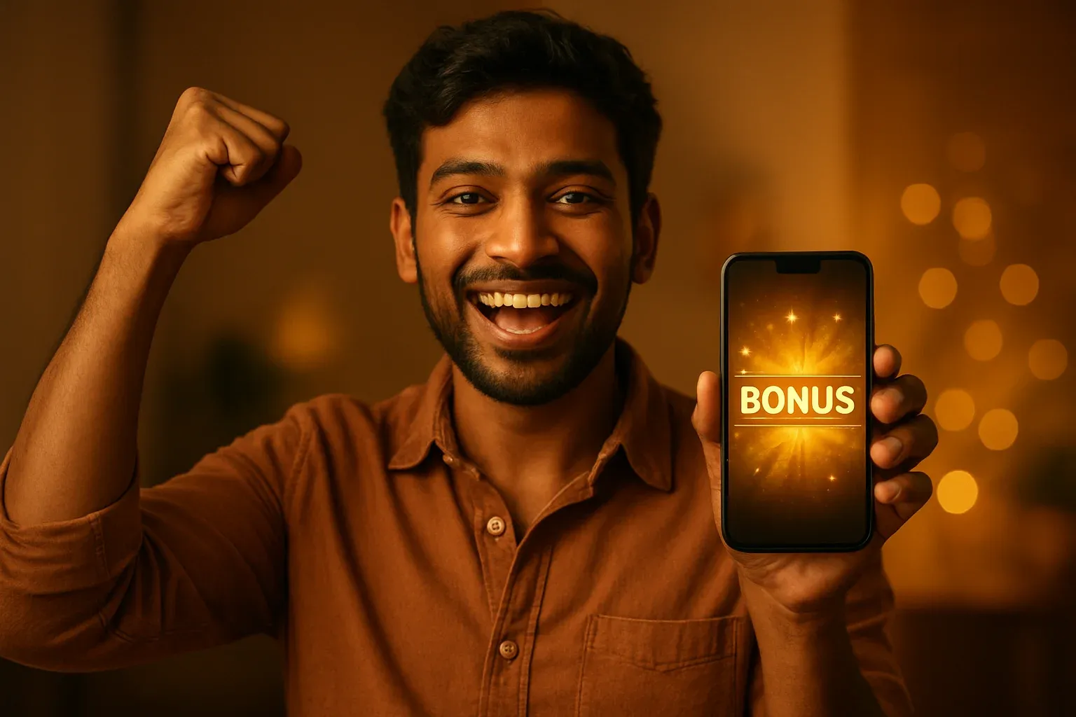 Joyful Bangladeshi man holding smartphone with glowing bonus notification screen