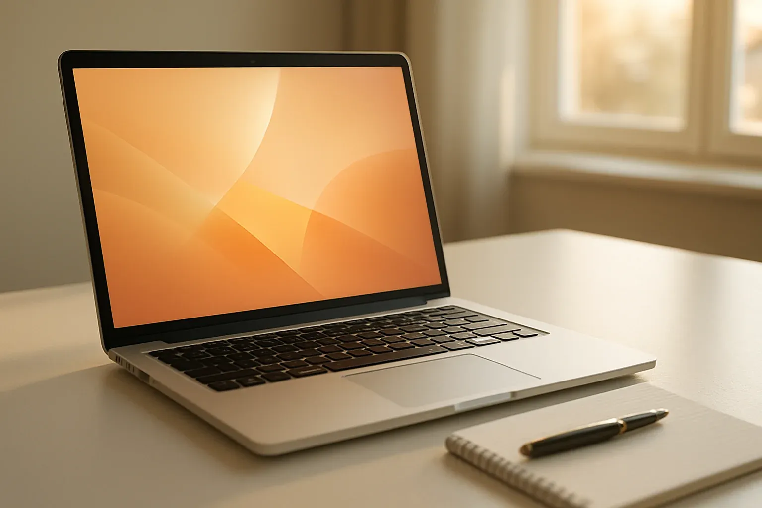 Modern laptop on white desk with pen and notepad