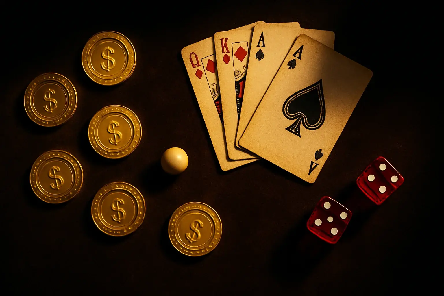Golden casino chips, cards, dice, and roulette ball on dark velvet
