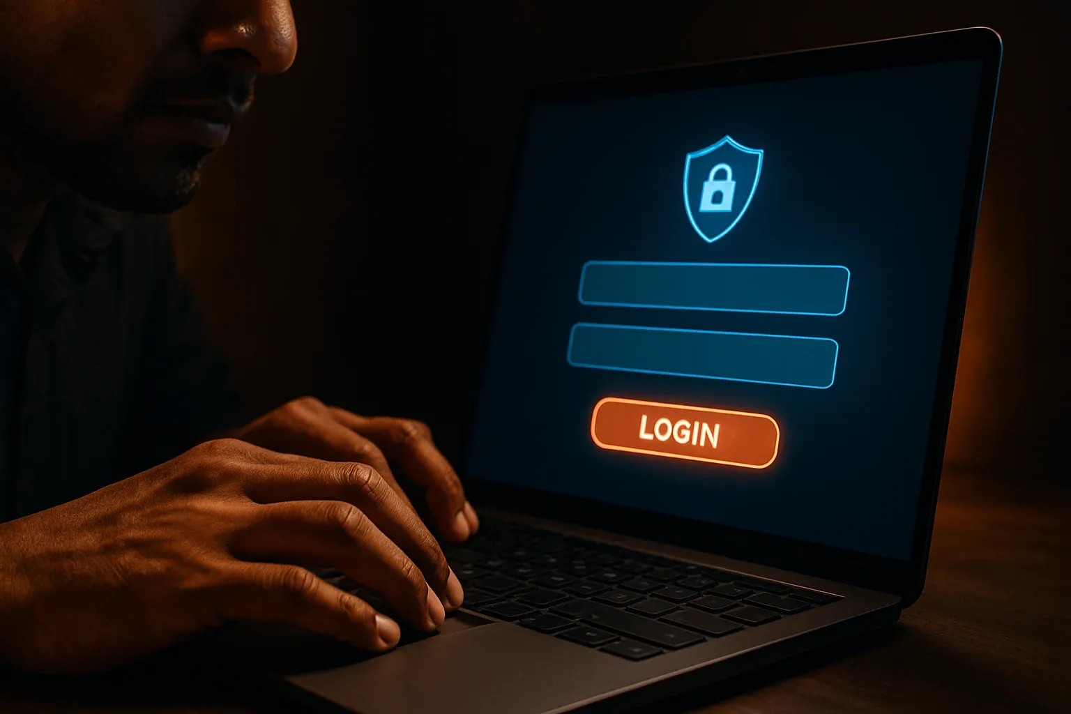 Bangladeshi man's hands on laptop showing stylized login screen form