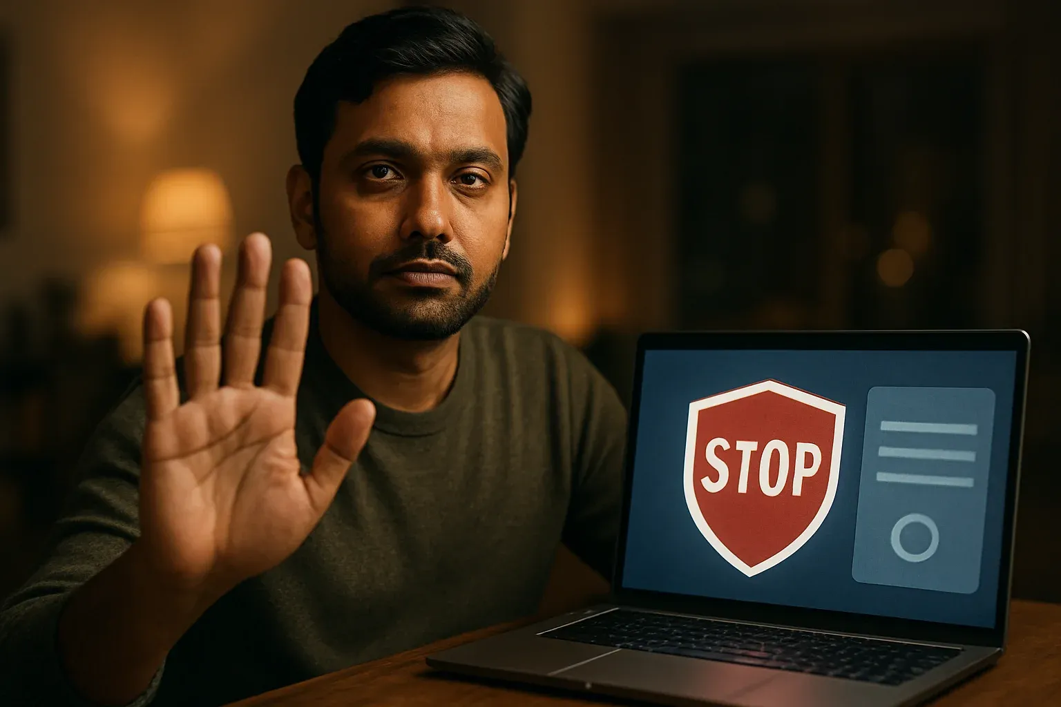 Bangladeshi man shows stop gesture beside laptop with responsible gambling screen