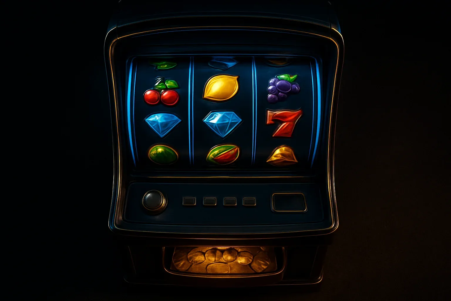 Hyperrealistic premium slot machine with glowing reels in a dark luxury casino